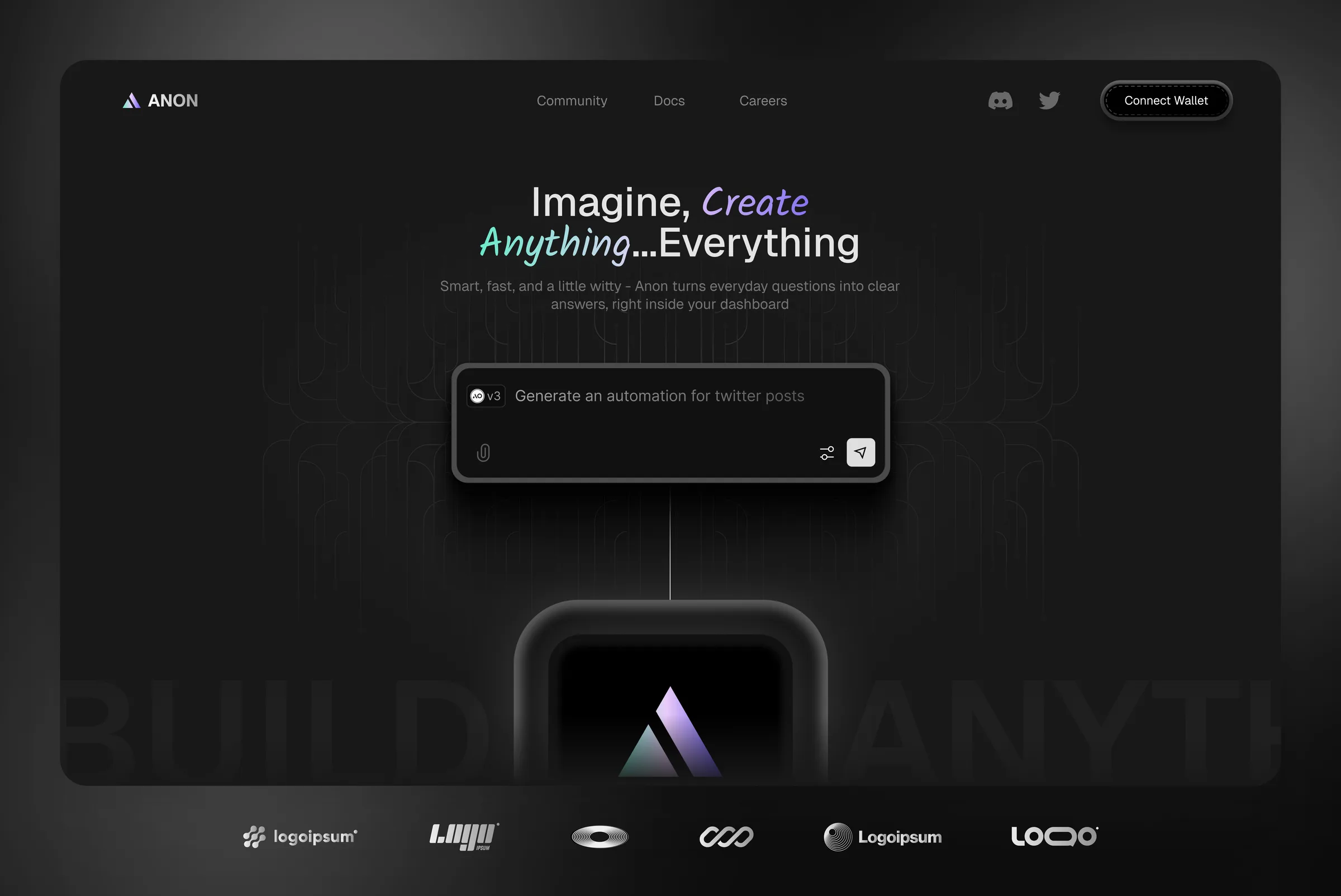 Anon landing page in graphite: “Imagine, create anything… everything”, a prompt box reading “Generate an automation for twitter posts” wired to a glowing app tile with the Anon mark
