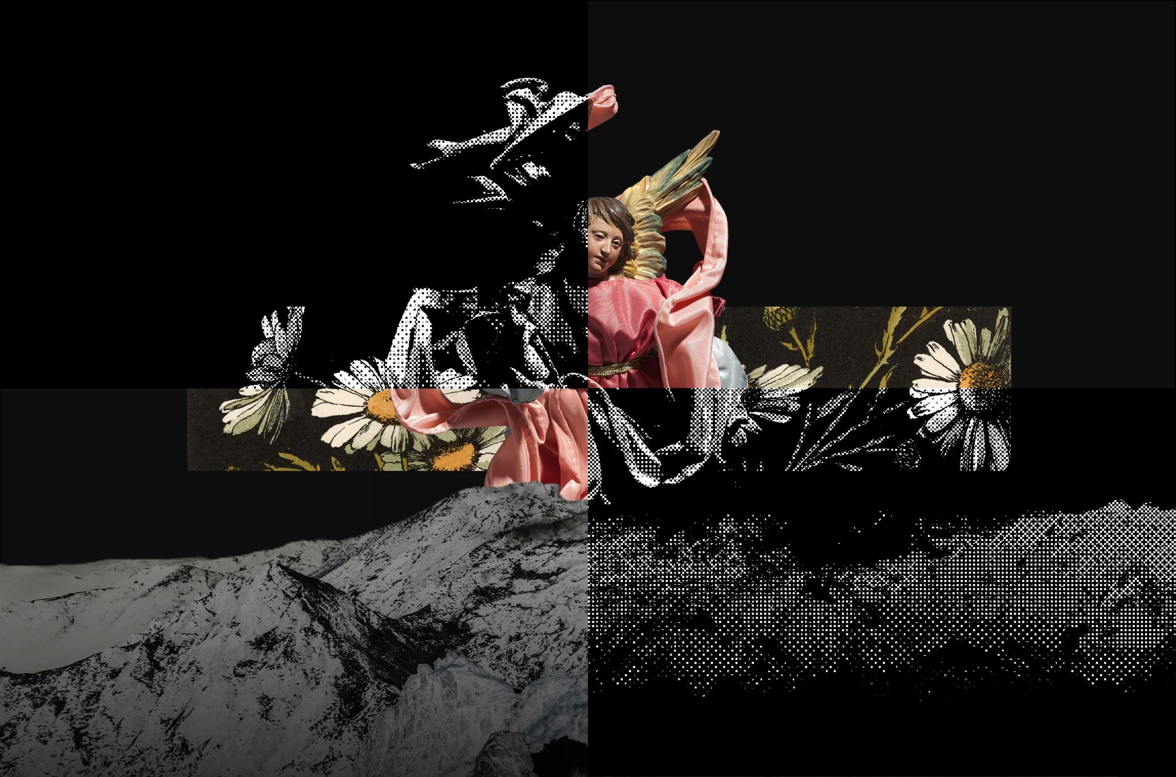 The teaser’s angel, daisies and a snowy mountain, split down the middle: full colour on one side, black-and-white halftone on the other