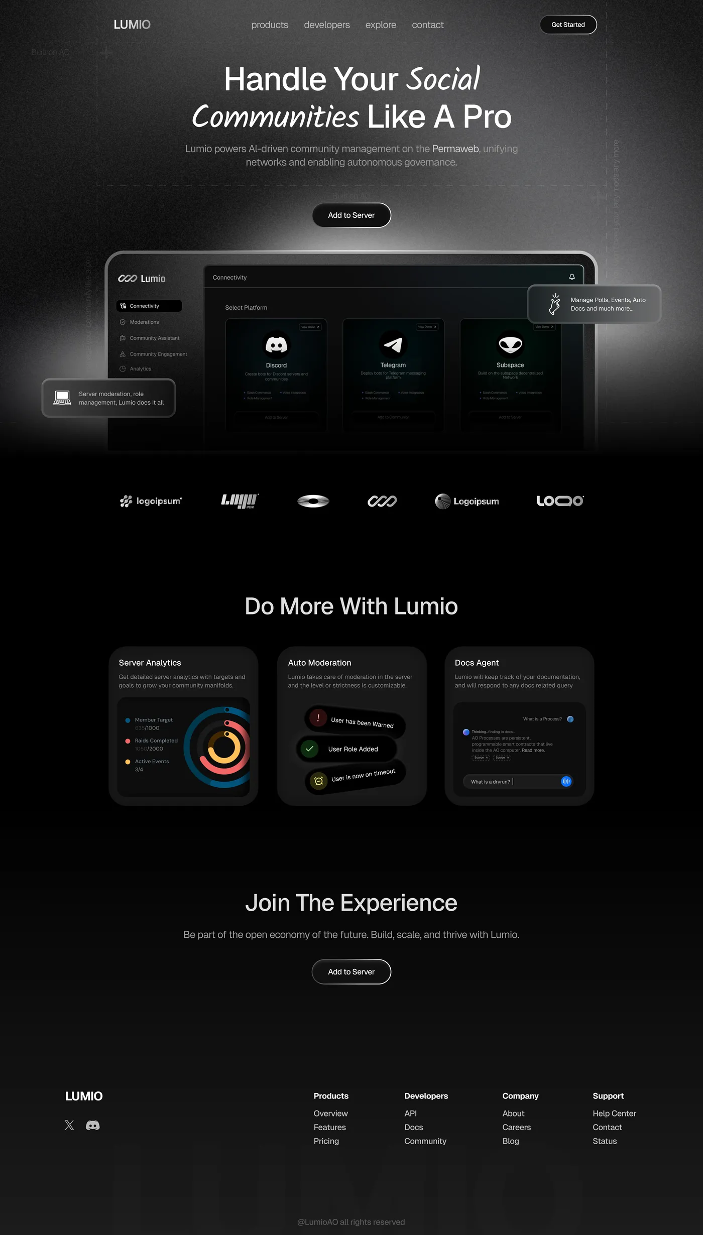 The full Lumio landing page: “Handle your social communities like a pro”, the dashboard, partner logos, three feature cards, a call to join and the footer