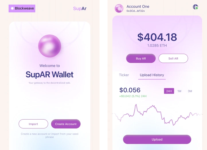 Two screens of the SupAr browser extension: a welcome screen with a violet orb, Import and Create Account, and an account screen with a balance, Buy AR and Sell AR and a price chart