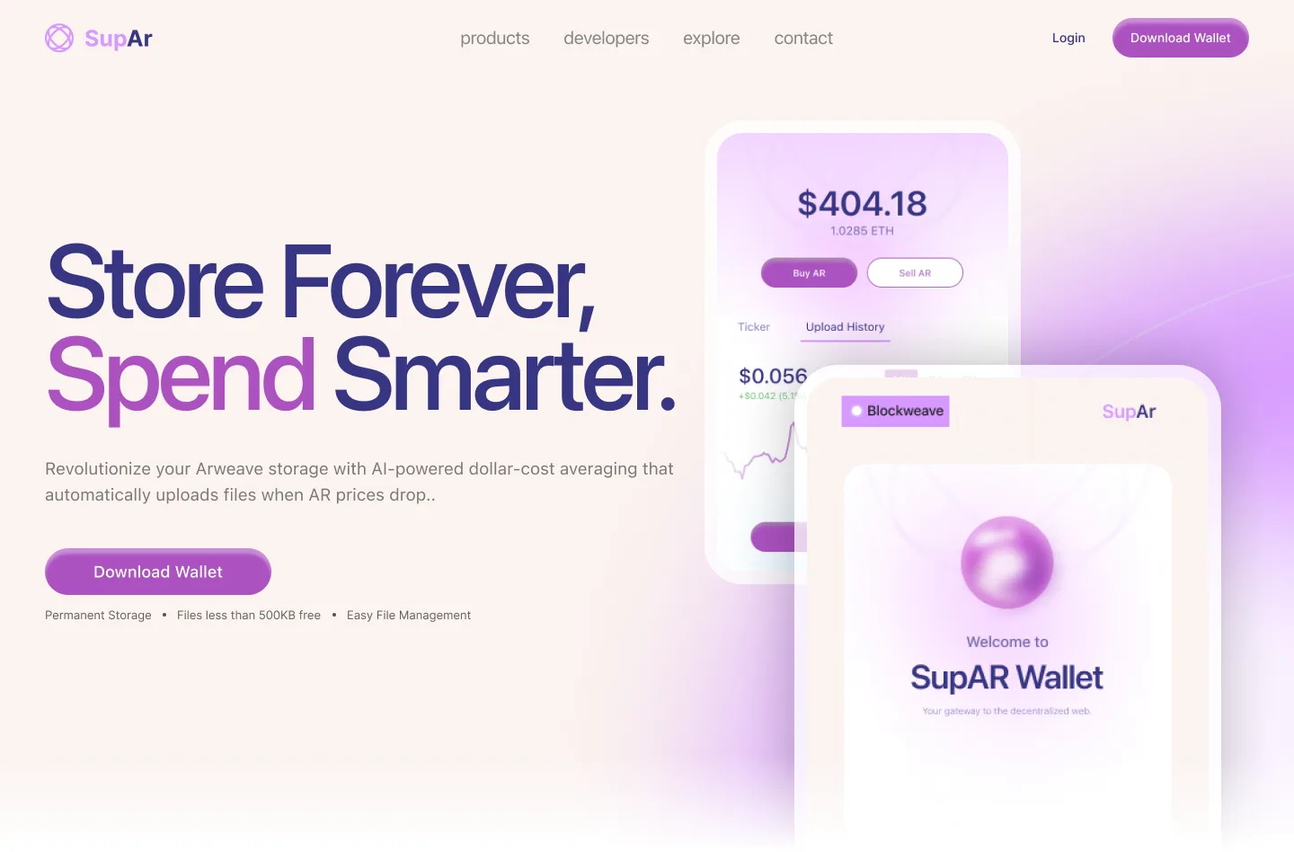 SupAr landing page: “Store forever, spend smarter.” in navy and violet beside two phone screens of the wallet, a balance chart and a glossy violet orb
