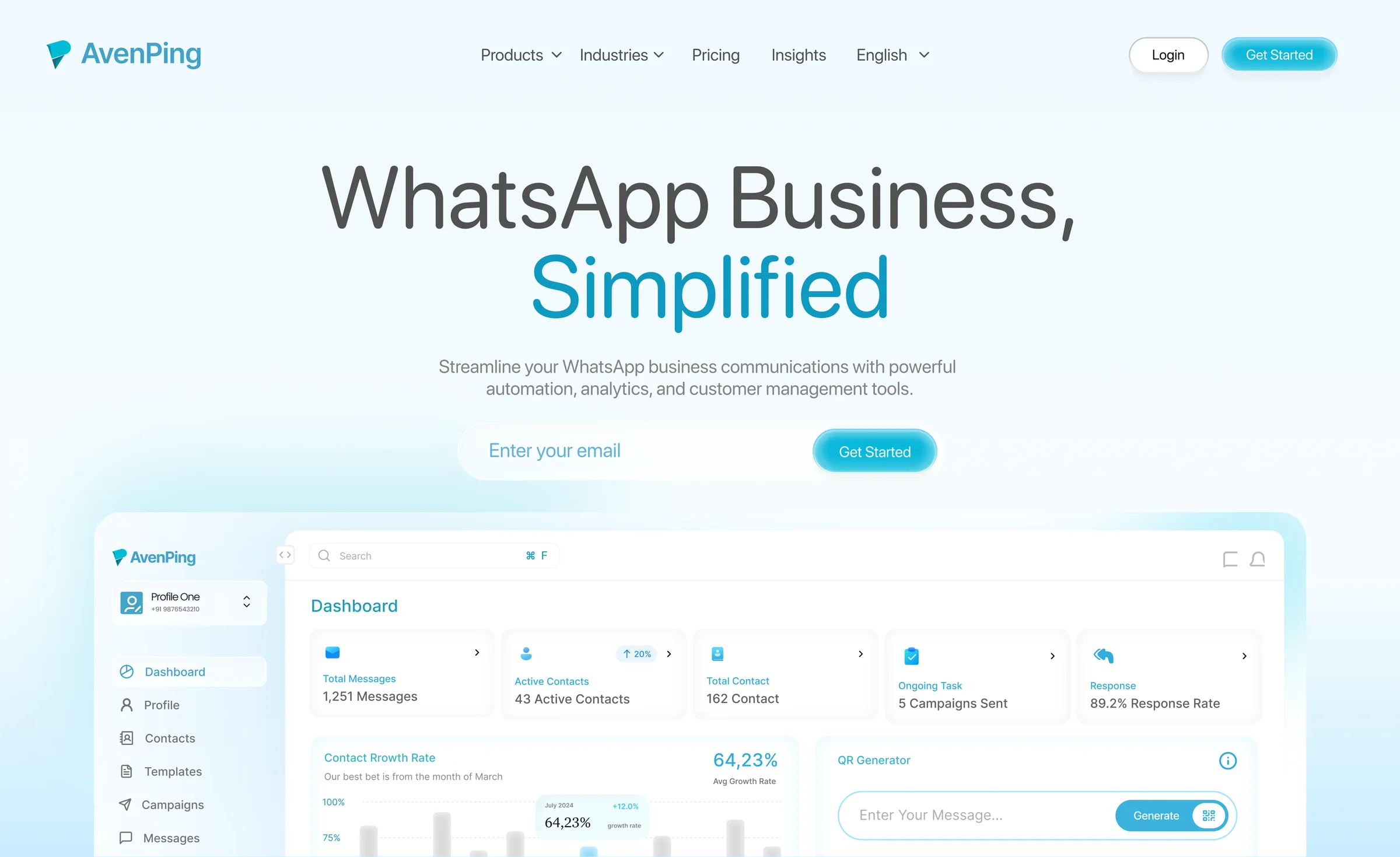 AvenPing landing page: “WhatsApp Business, Simplified” over an email field, with the product dashboard underneath