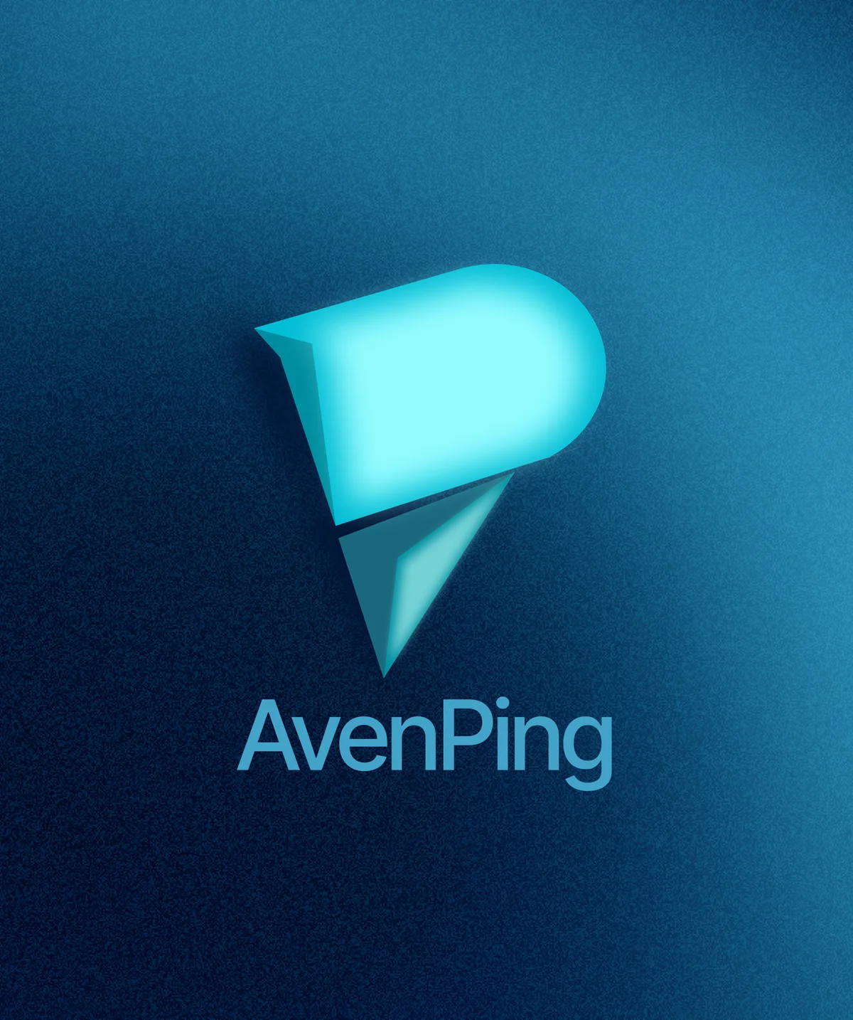 The AvenPing mark, a folded cyan speech bubble with a pin tail, glowing above the wordmark on deep blue