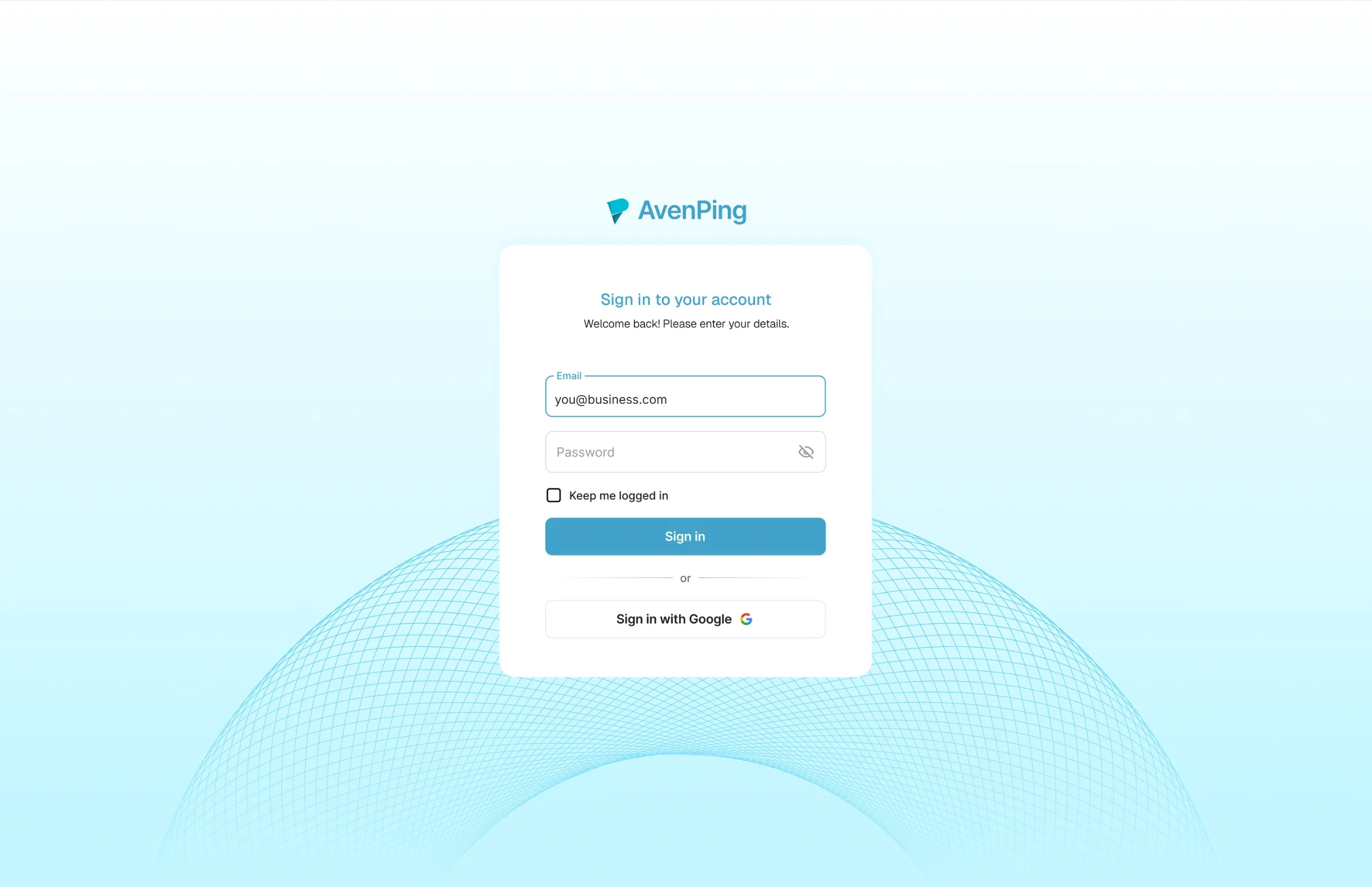 AvenPing sign-in card with email, password and Google sign-in, over a pale cyan mesh dome