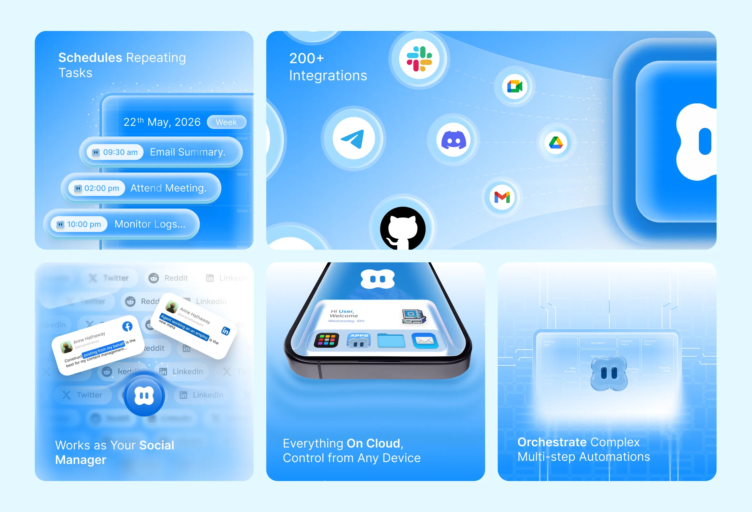 Five feature cards: schedules, integrations, social manager, cloud access and orchestration
