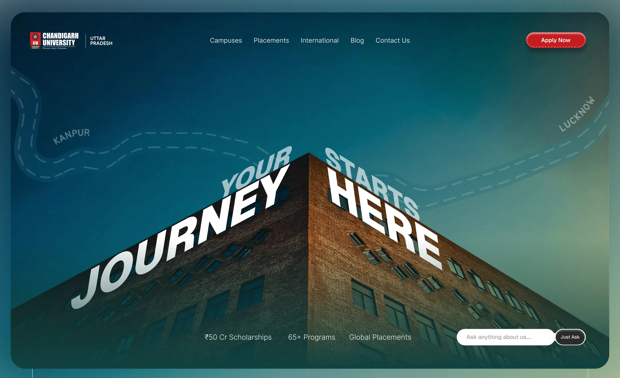 The Day 0 hero: “Your journey starts here” set in perspective along two faces of a brick building, a dashed road from Kanpur to Lucknow across a teal sky, and an Apply Now button