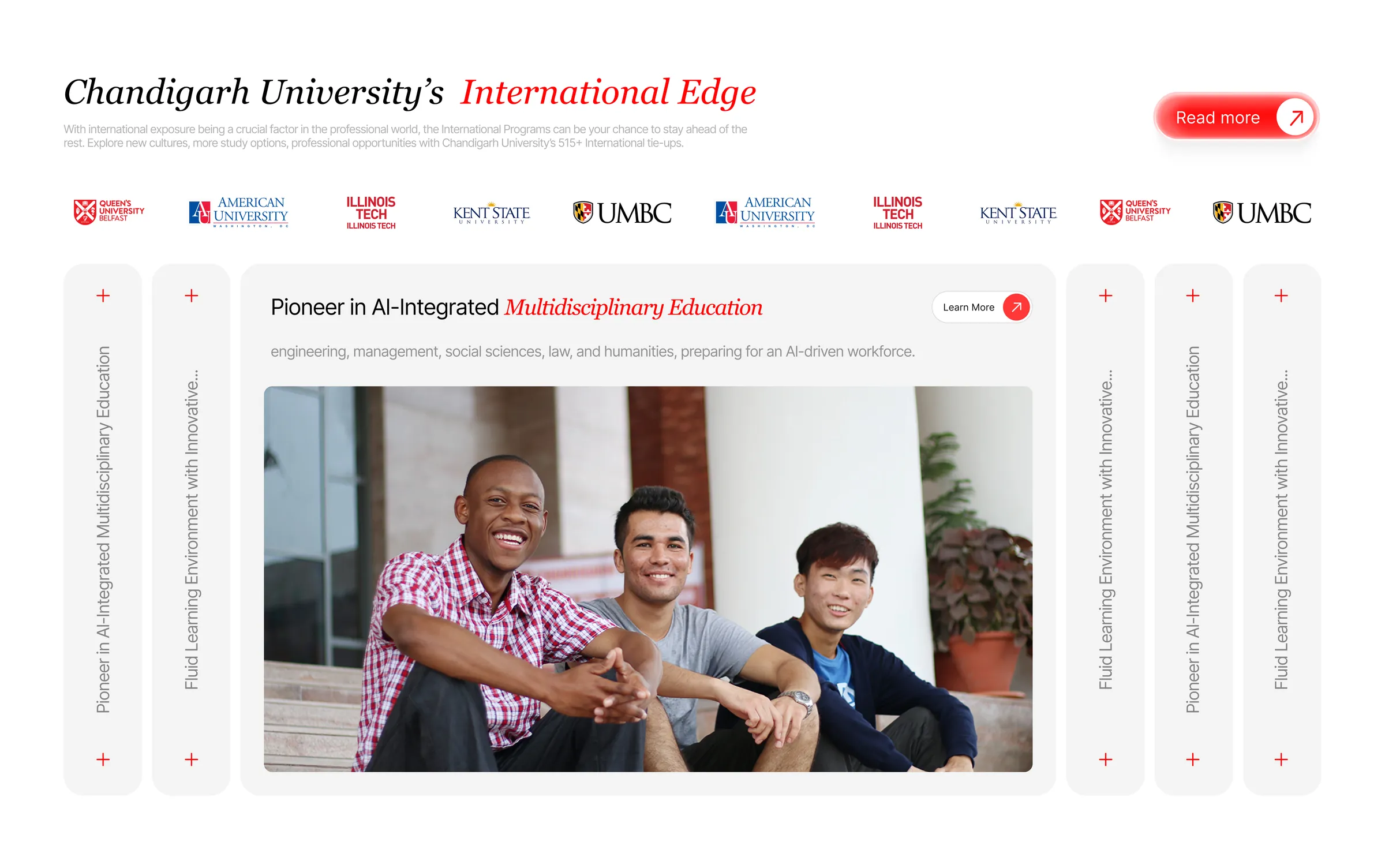 The international section: a strip of partner university crests, and a photo card flanked by vertical tabs that open the next story