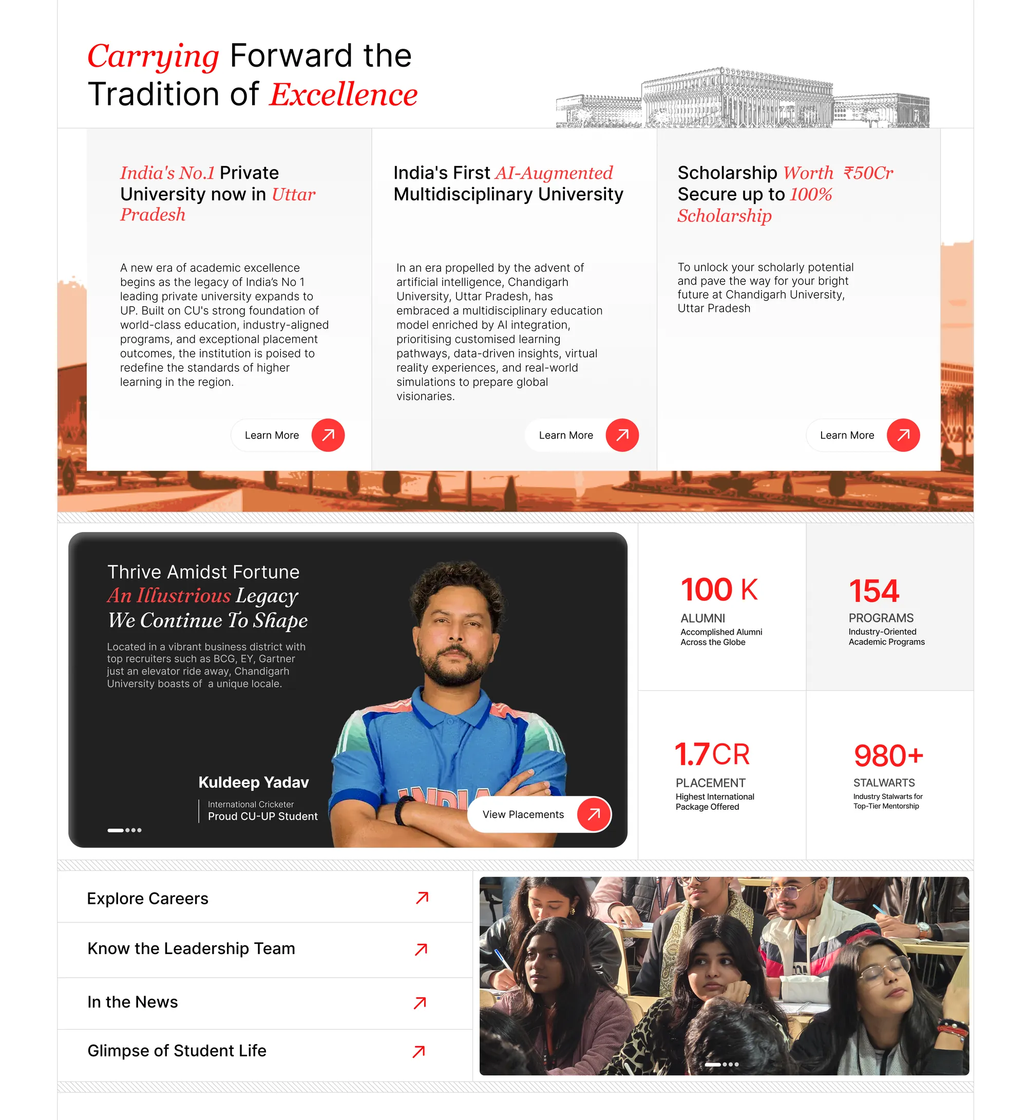 Draft 5: the claim cards above a boxed grid of an alumni story, four headline numbers, quick links and a student photo