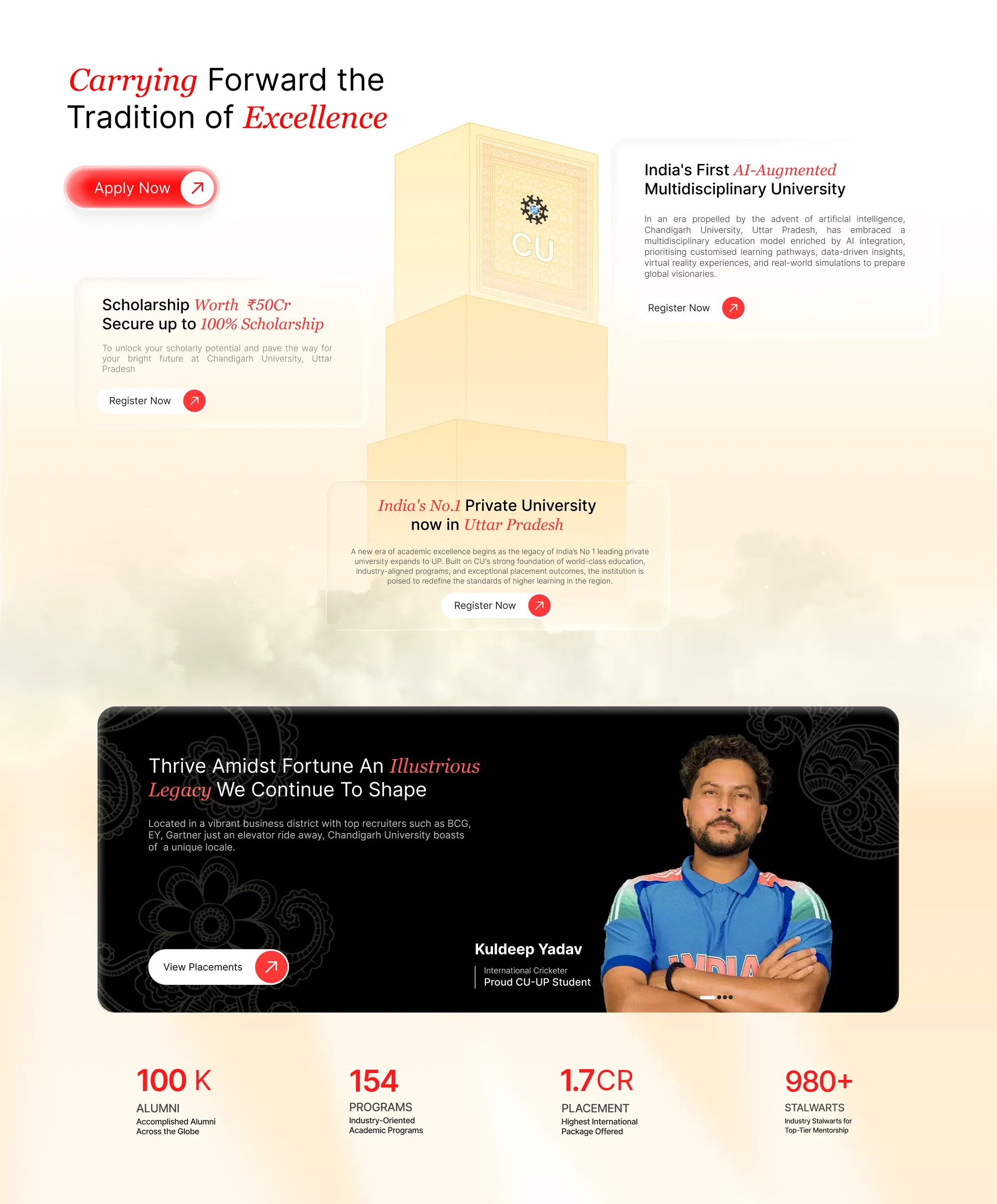 Draft 10: a golden CU tower rising out of clouds with the claim cards floating around it and an alumni banner below