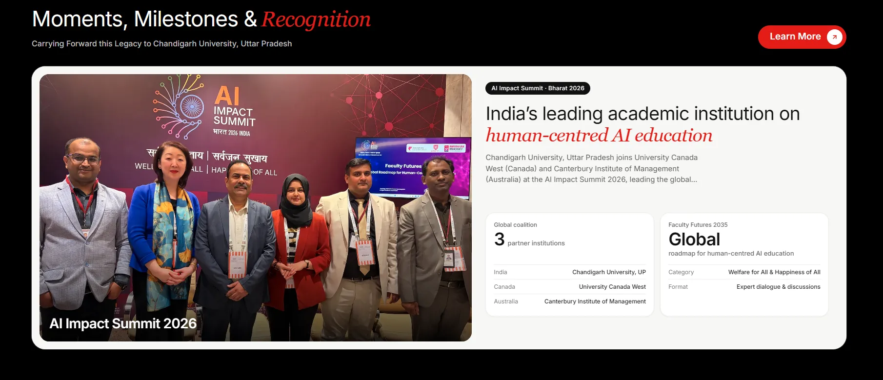 A milestone card: a photo from the AI Impact Summit 2026 beside a headline in italic serif red and two small data cards