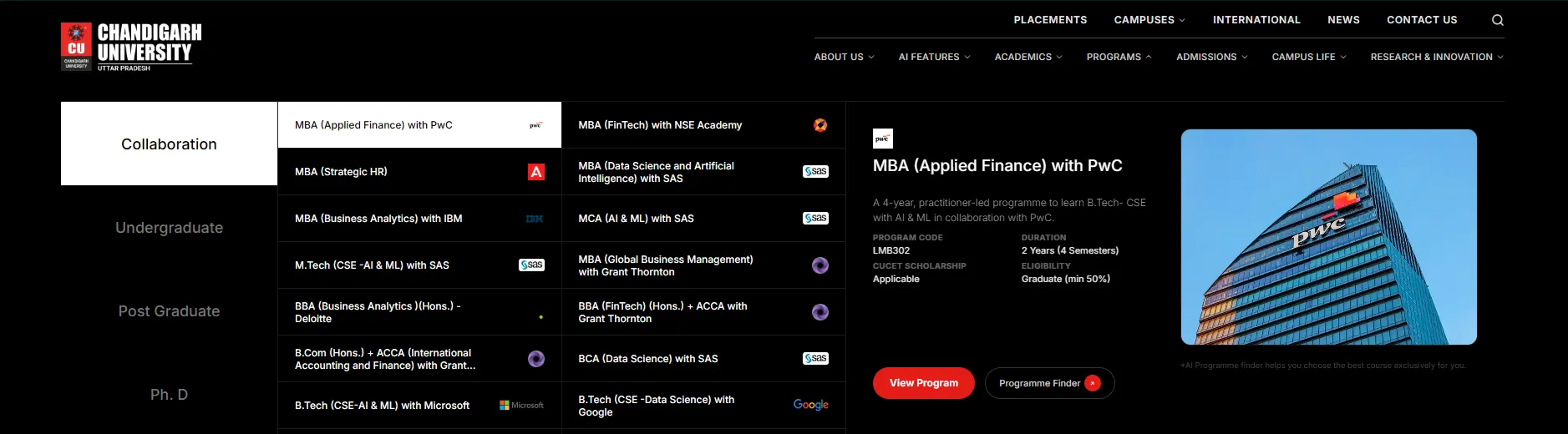 The programmes menu: collaboration, undergraduate, postgraduate and PhD on the left, co-created programmes with PwC, IBM, SAS, Microsoft and Google in the middle, and the selected programme’s details and photo on the right