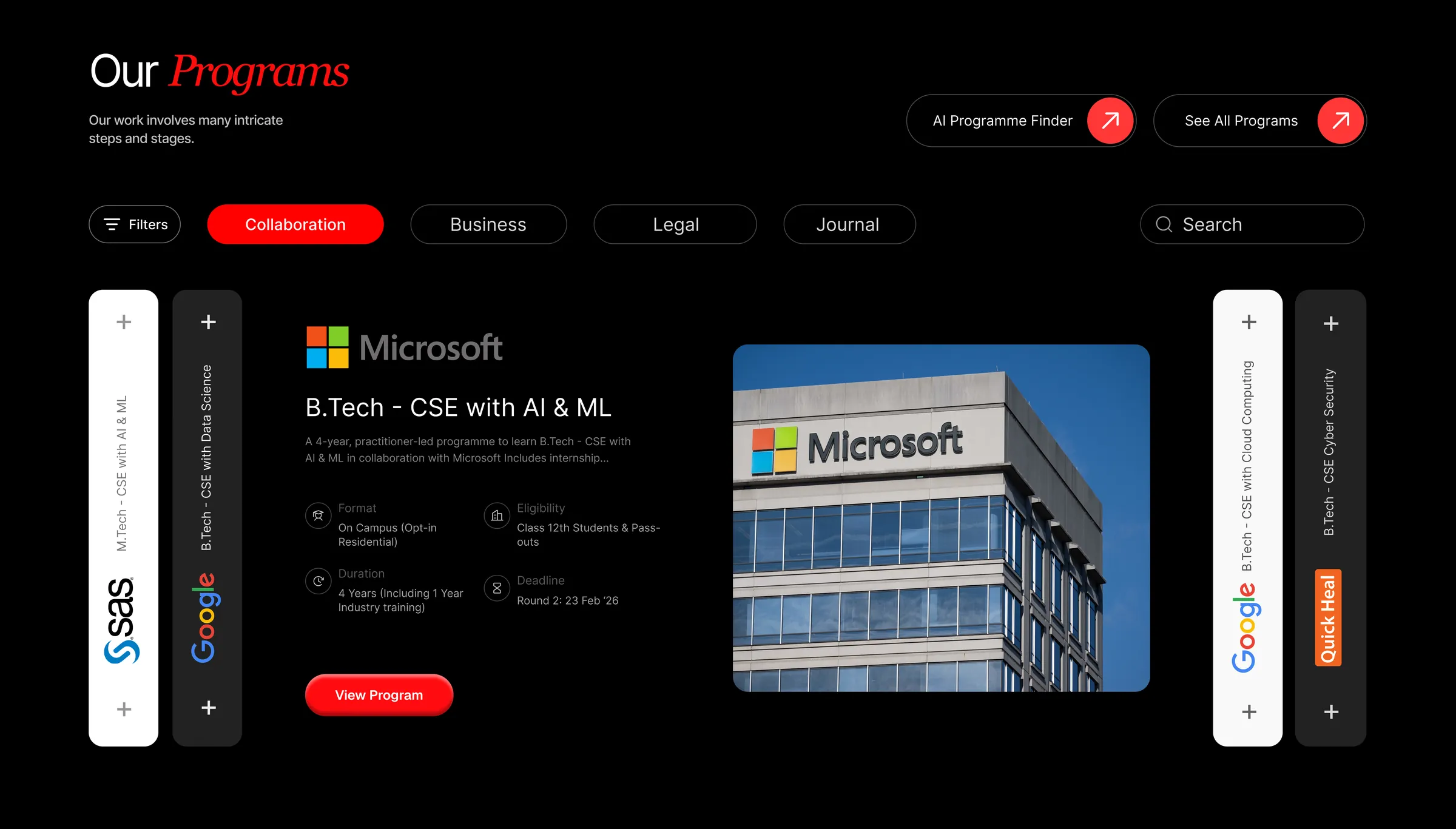 The programmes section: filter pills, a Microsoft B.Tech programme open in the middle with its format, duration and deadline, and the neighbouring programmes folded into vertical tabs on either side