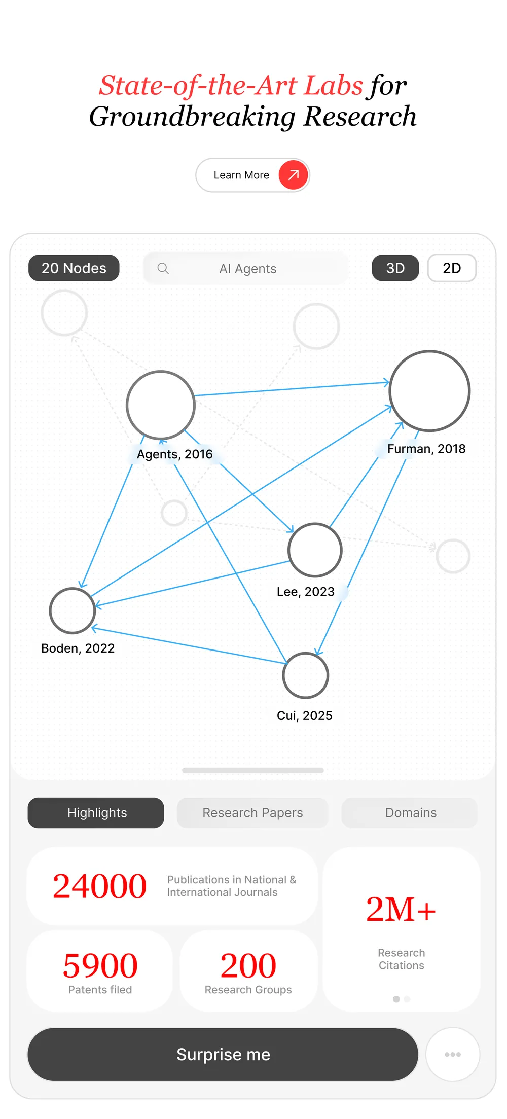 The first research explorer on a phone: a node graph of papers linked by citations, a 3D and 2D switch, and publication, patent and citation counts