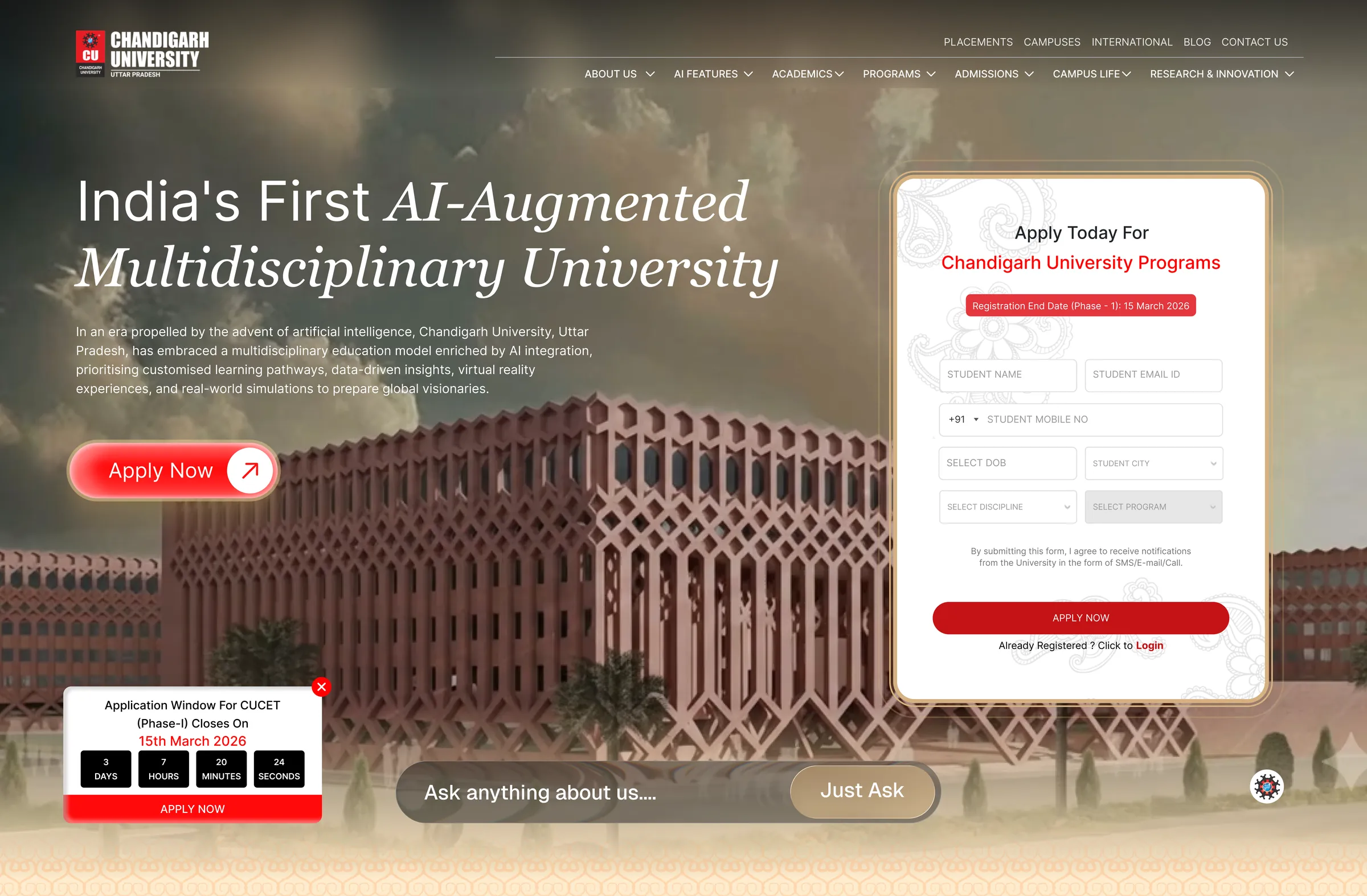 An unused hero: the campus facade under a stormy sky with the application form beside the headline