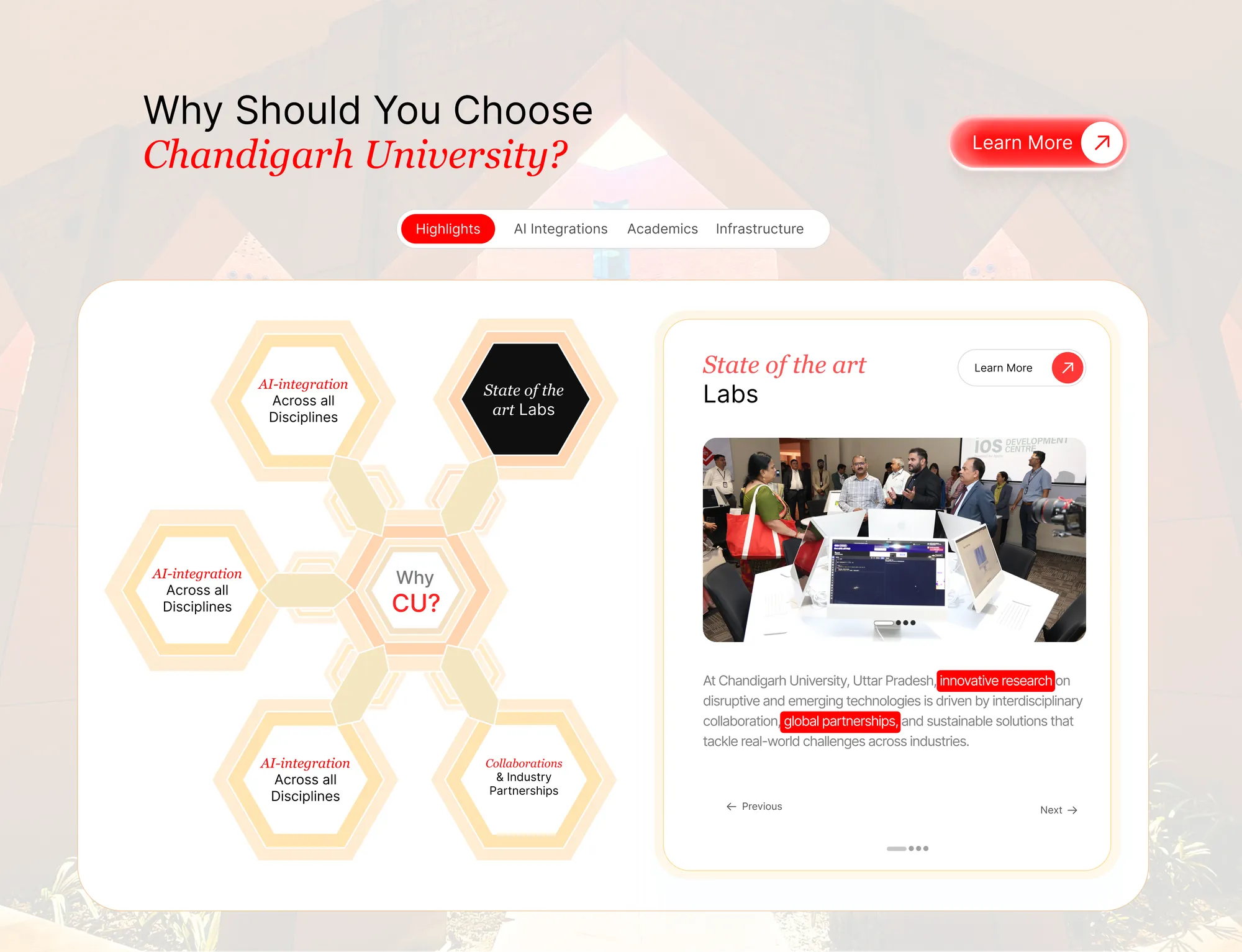Why CU, draft 14: the hexagon diagram on the left, a card with a photo and highlighted phrases on the right