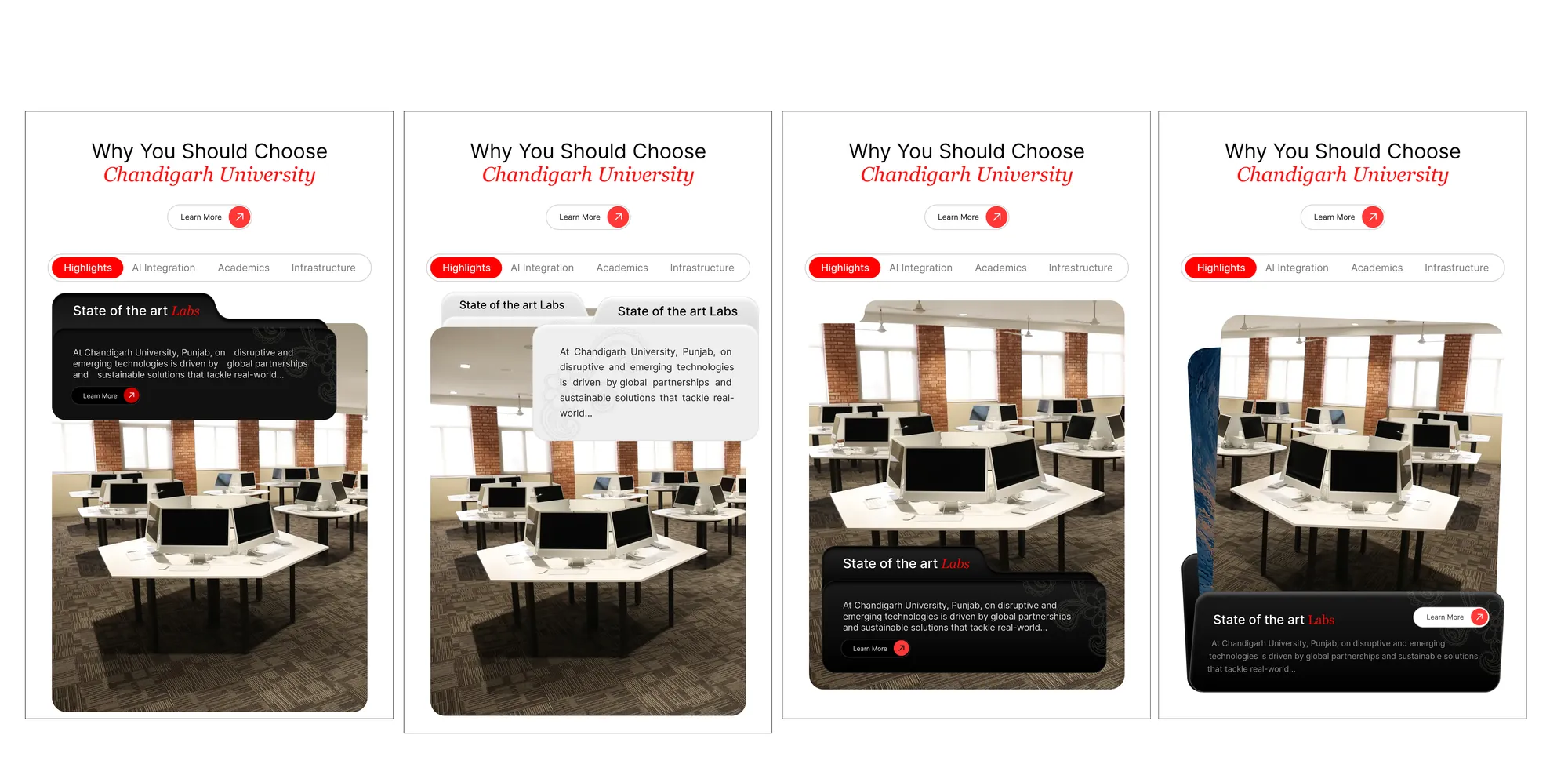 Why CU, draft 19: four phone layouts of the same card, the text over, above or under the photo
