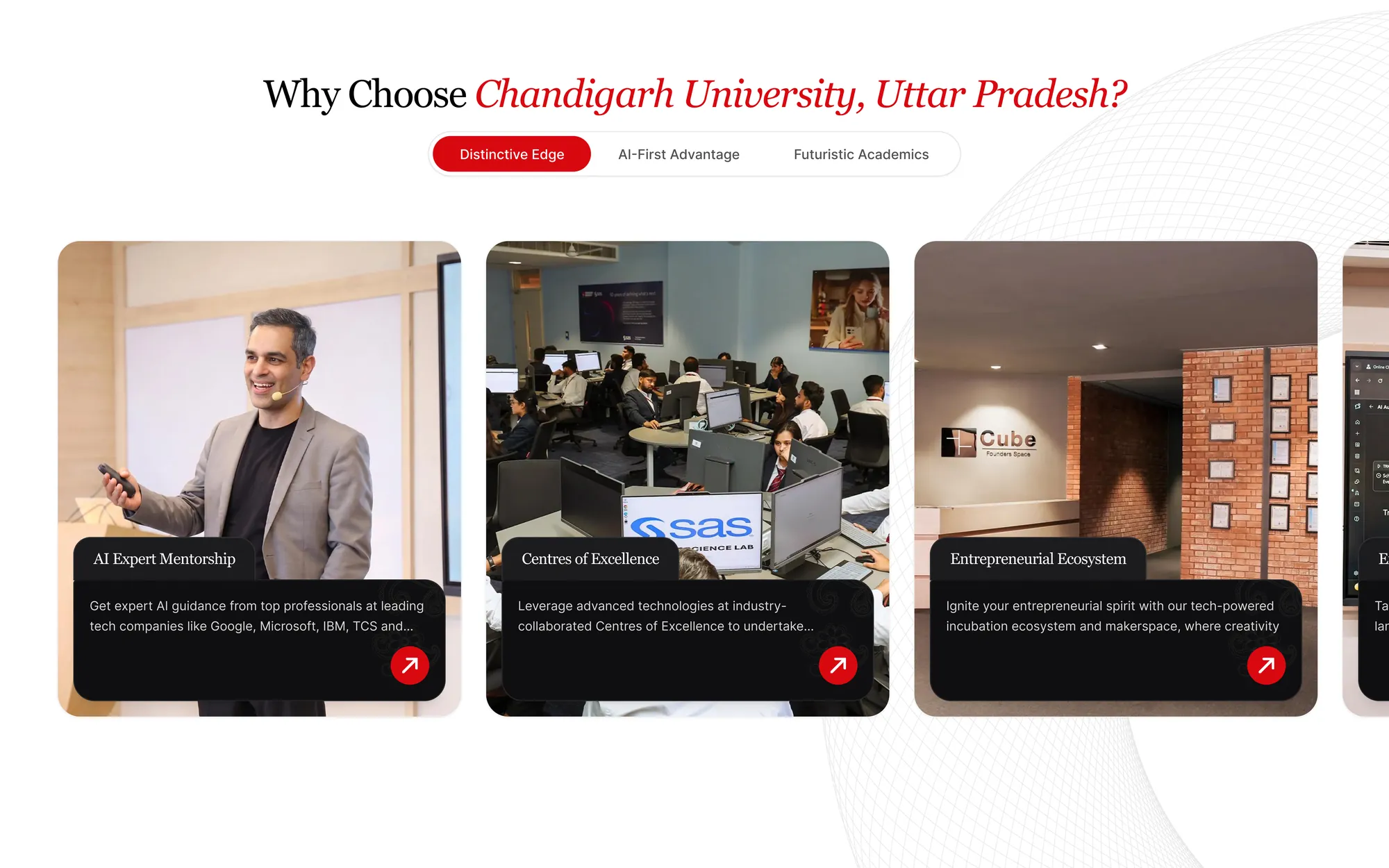 Why CU, draft 30: three tabs over a row of photo cards for mentorship, centres of excellence and the startup ecosystem
