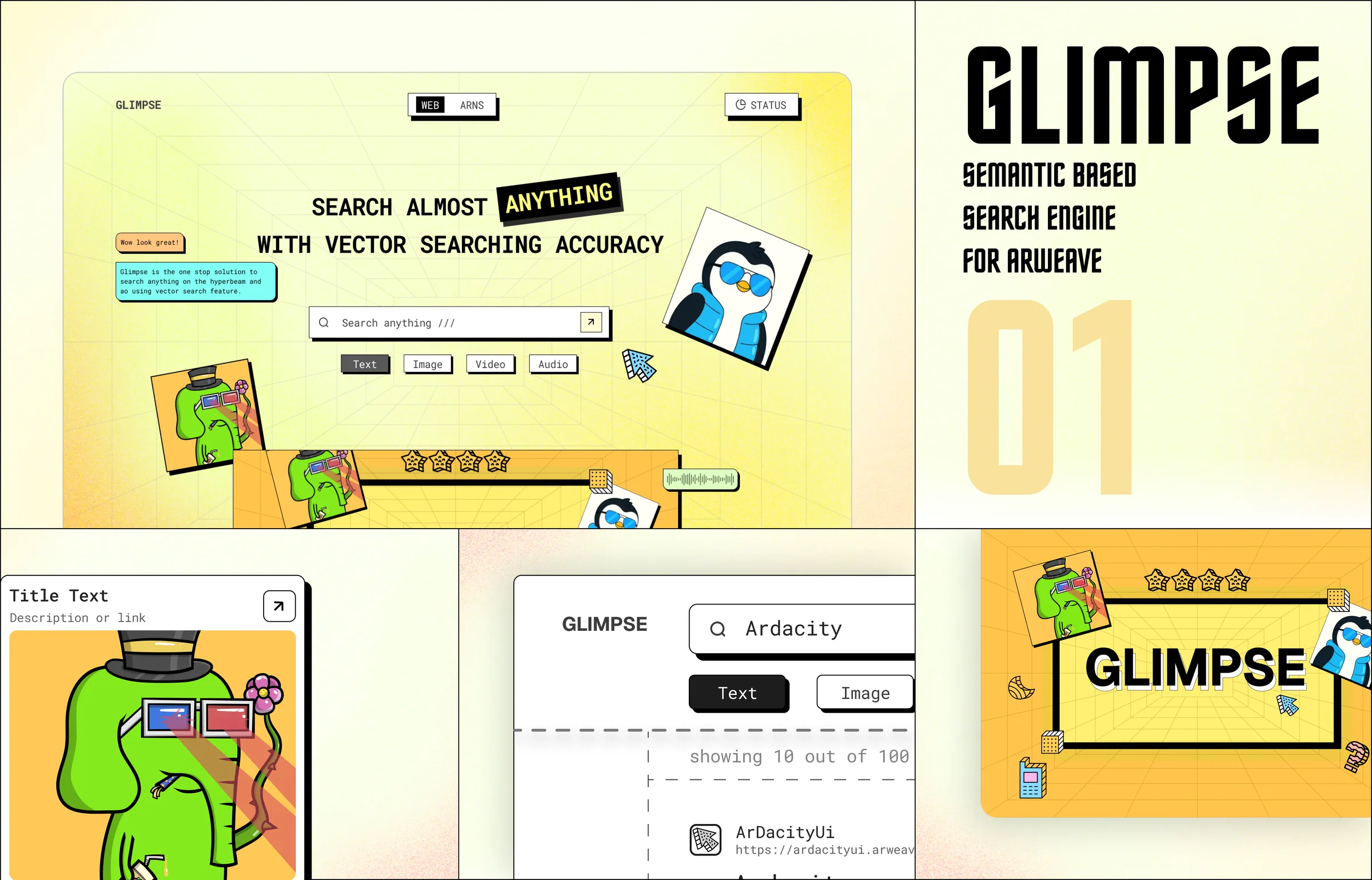 A bento of Glimpse pieces: the landing page, the wordmark with “Semantic based search engine for Arweave”, a result card, the results page and the orange video panel