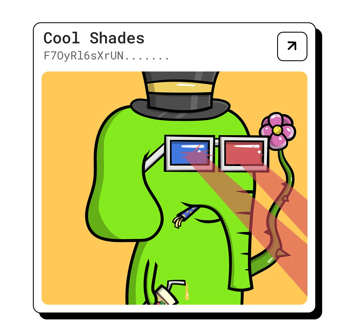 A retro result card titled “Cool Shades” with a transaction ID and an open button, over the elephant artwork