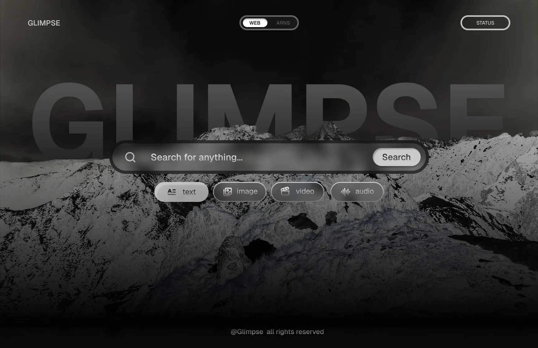 The glass direction, dark: a frosted search bar and filter pills over a snowy mountain range, a huge faded GLIMPSE behind