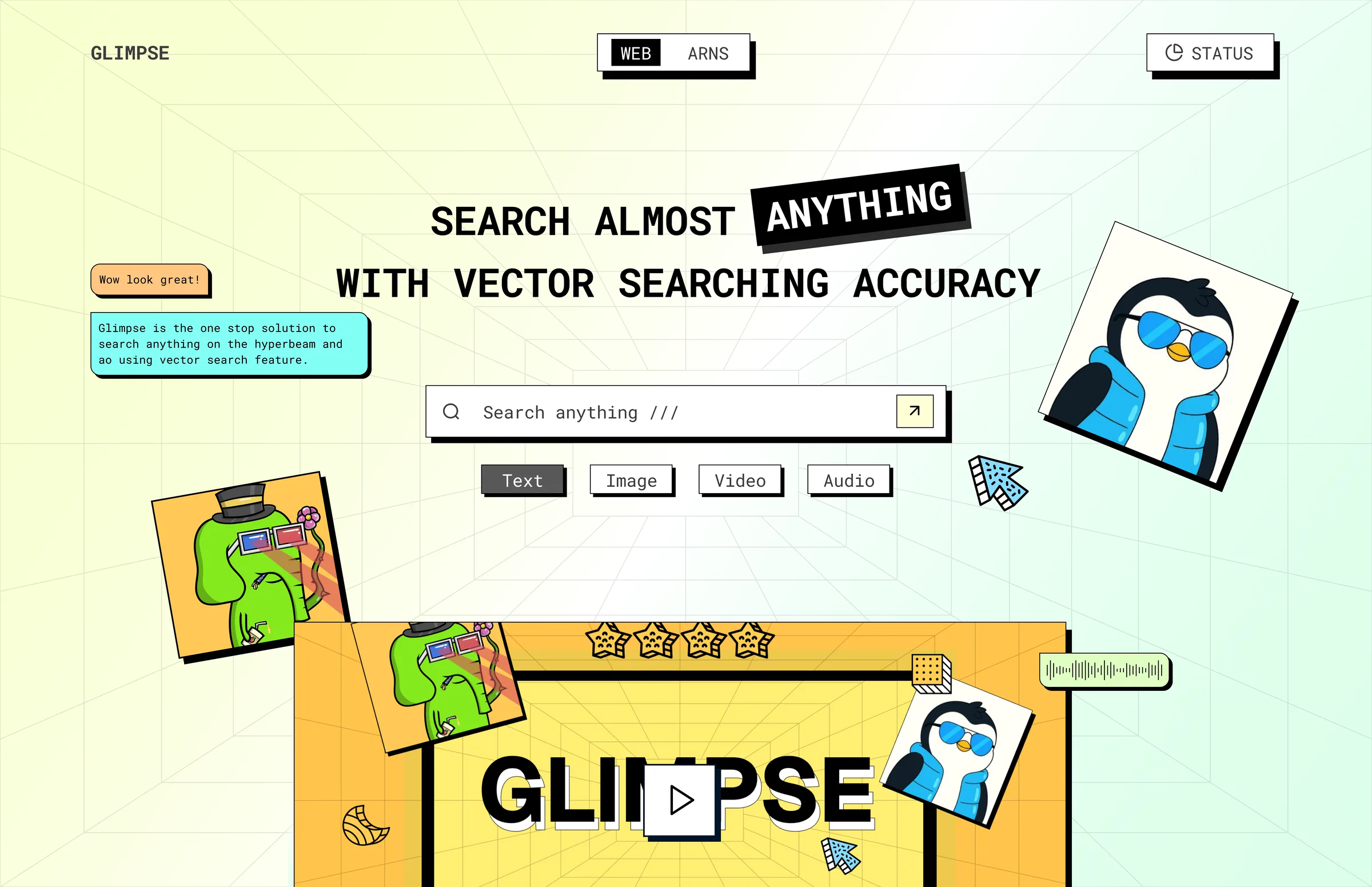 Glimpse landing page: “Search almost anything with vector searching accuracy” over a receding grid, a search bar with Text, Image, Video and Audio filters, and sticker art of a penguin in shades and a green elephant in 3D glasses