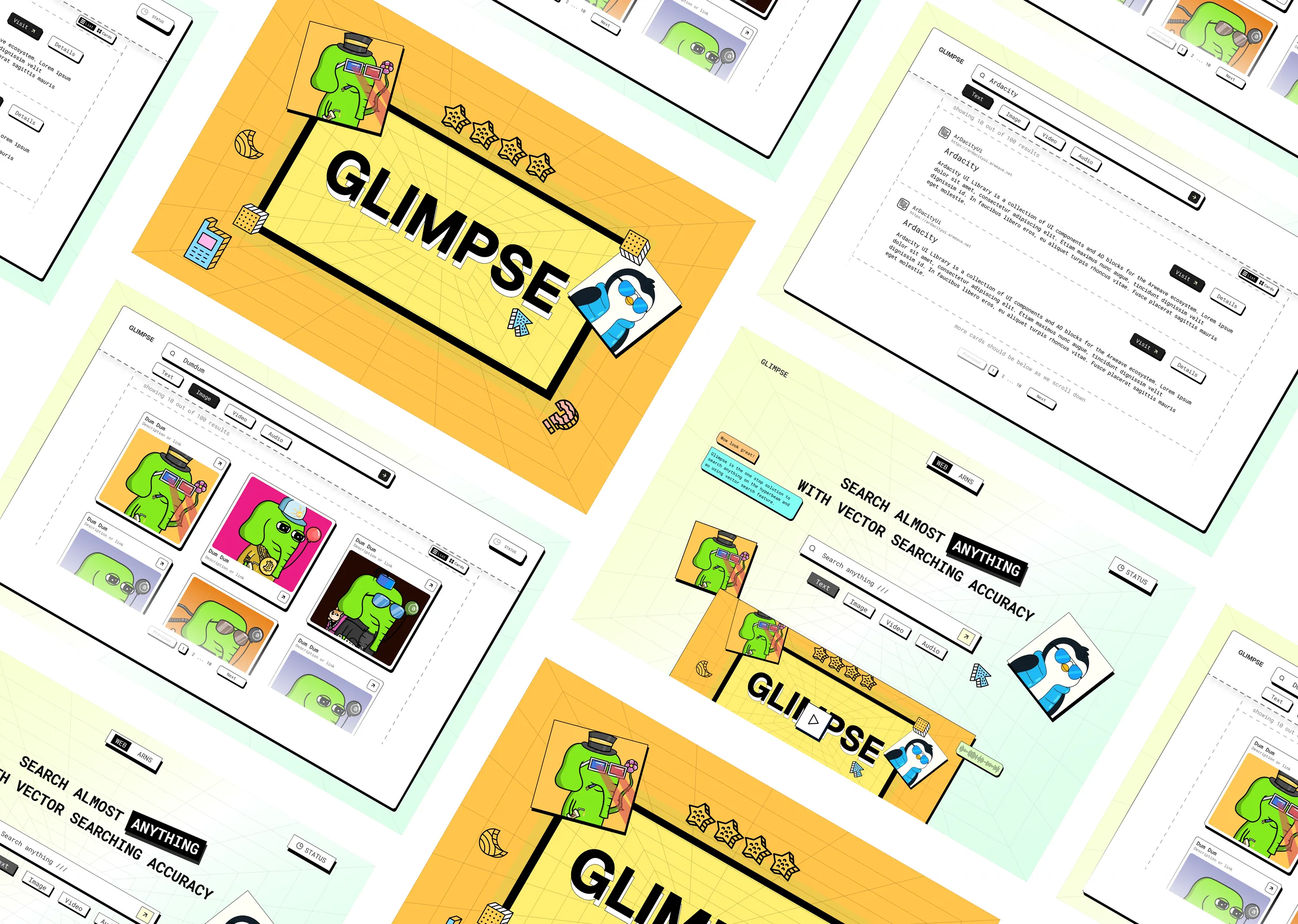 Glimpse screens laid out at an angle: the landing page, the text results list and the image results grid