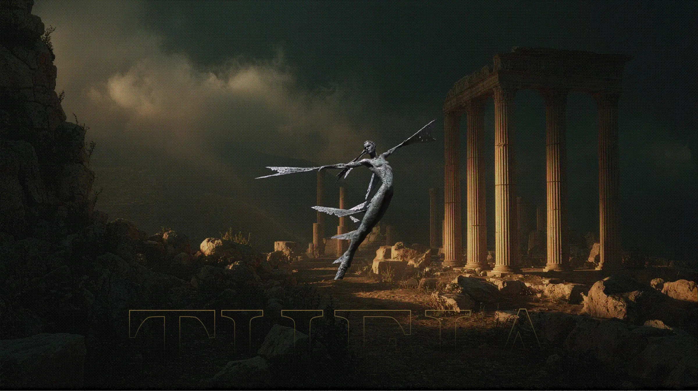 Key art: the winged statue leaping over temple ruins at dusk, low sun between the columns