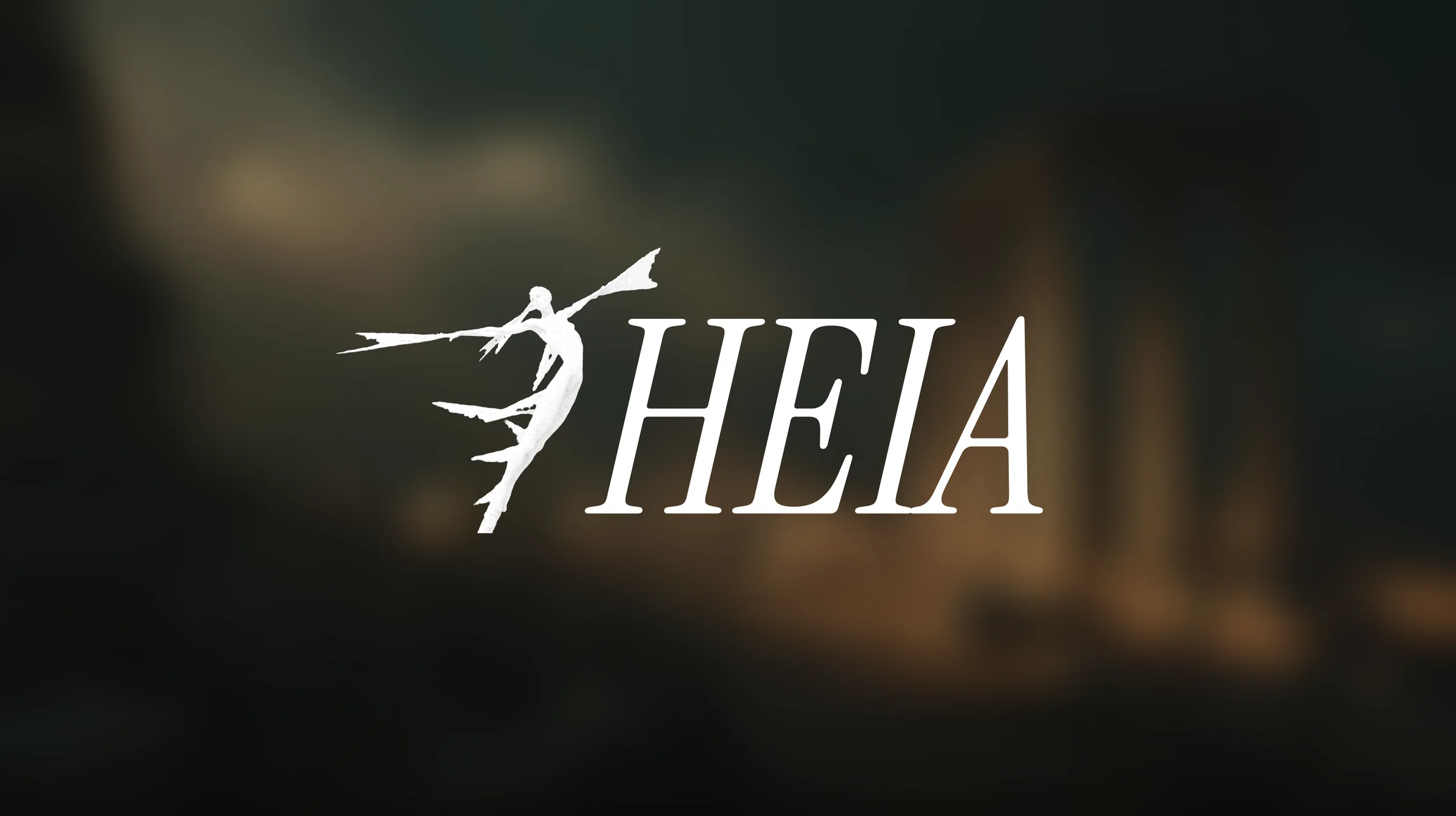 The Theia mark in white, the winged figure standing in for the T, over a dark, blurred temple