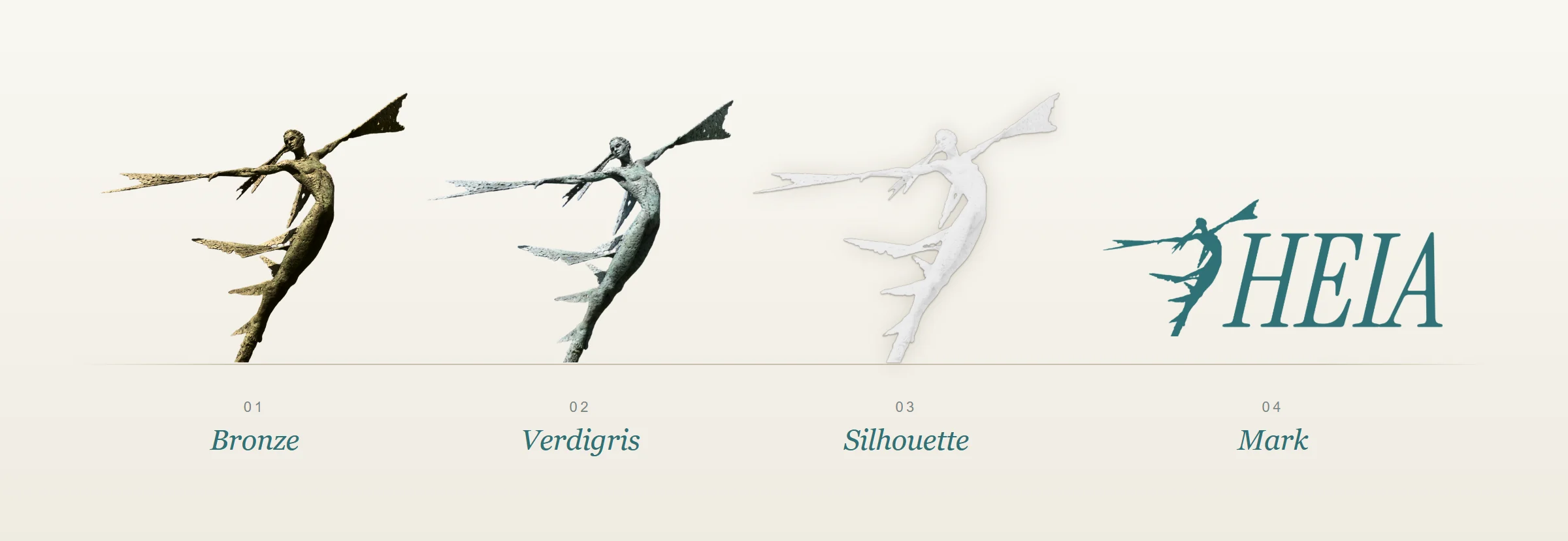 The winged figure in four steps: bronze, verdigris, a flat silhouette, and the Theia mark
