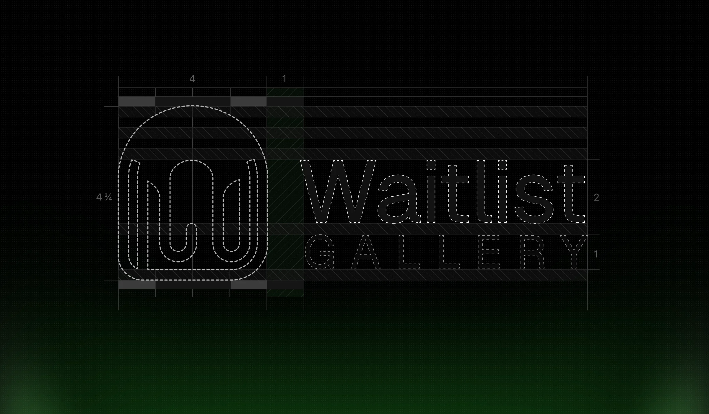 Construction grid for the Waitlist Gallery lockup, the mark and wordmark in dashed outline